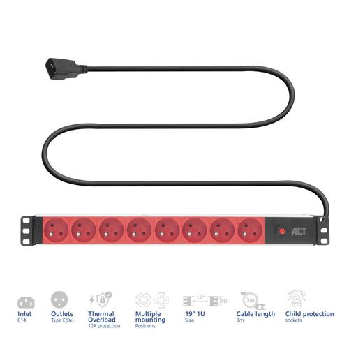 ACT Stekkerdoos PDU 19" C14 IEC60320 8-voudig type E, 3m H05VV-F 3G1.0 - Image 2