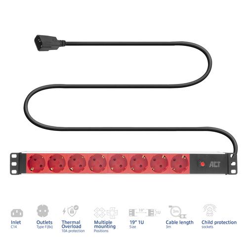 ACT Stekkerdoos PDU 19" C14 IEC60320 8-voudig type F, 3m H05VV-F 3G1.0 - Image 2