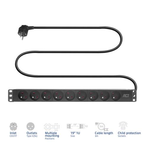 ACT Stekkerdoos PDU 19" CEE7/7 9-voudig type E, 3m H05VV-F 3G1.5 - Image 2