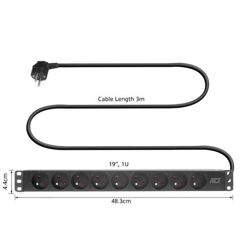 ACT Stekkerdoos PDU 19" CEE7/7 9-voudig type E, 3m H05VV-F 3G1.5 - Image 6