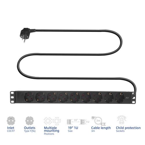 ACT Stekkerdoos PDU 19" CEE7/7 9-voudig type F, 3m H05VV-F 3G1.5 - Image 2