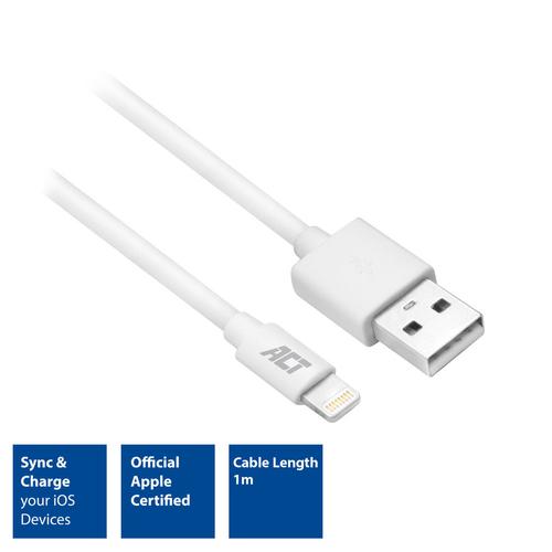 ACT USB 2.0 laad- en datakabel A male - Lightning male 1 meter, MFI gecertificeerd - Image 2