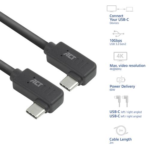 ACT USB 3.0 10Gbps 60W USB Type-C® (haaks links/rechts) naar USB Type-C® (haaks links/rechts) kabel, 2 meter - Image 2