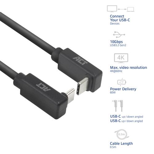 ACT USB 3.0 10Gbps 60W USB Type-C (haaks boven/beneden) naar USB Type-C (haaks boven/beneden) kabel, 1 meter - Image 2