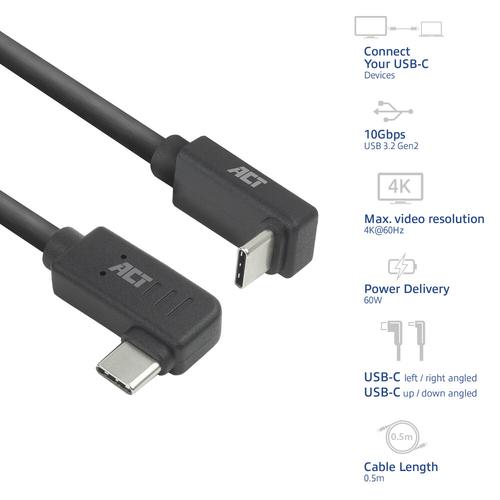 ACT USB 3.0 10Gbps 60W USB Type-C (haaks links/rechts) naar USB Type-C (haaks boven/beneden) kabel, 0,5 meter - Image 2