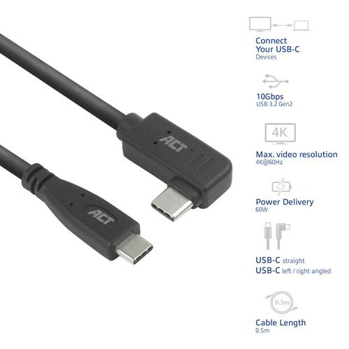 ACT USB 3.0 10Gbps 60W USB Type-C (recht) naar USB Type-C (haaks links/rechts) kabel, 3 meter - Image 2