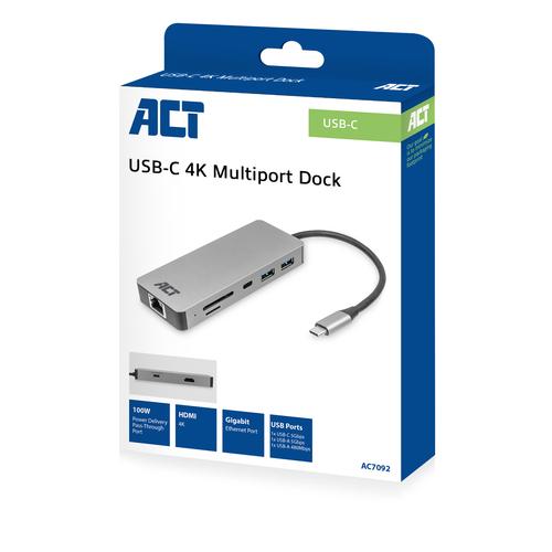 ACT USB-C 4K docking station voor 1 HDMI monitor, ethernet, USB-C, USB-A, cardreader en PD pass-through - Image 4