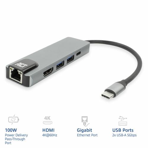 ACT USB-C 4K dockingstation voor 1 HDMI monitor, ethernet, USB-A, PD pass-through - Image 2
