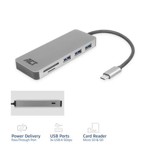 ACT USB-C hub 3.0, 3x USB-A, cardreader, PD pass-through - Image 2