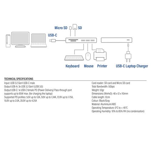 ACT USB-C hub 3.0, 3x USB-A, cardreader, PD pass-through - Image 5