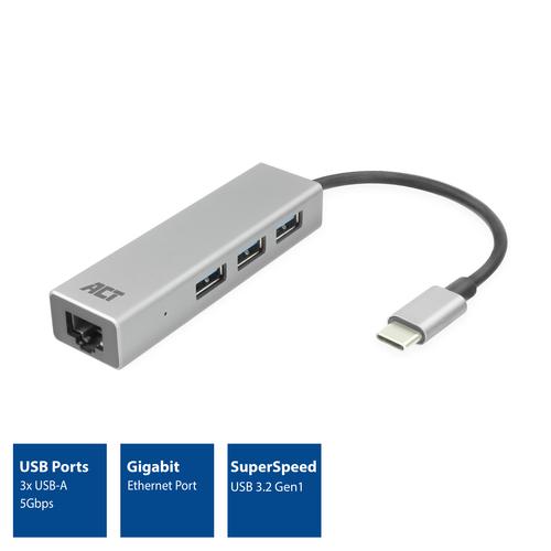 ACT USB-C hub 3.0, 3x USB-A, Gigabit ethernet - Image 2