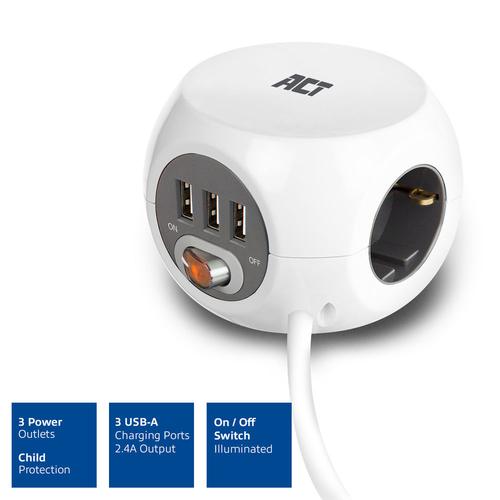 ACT Vierkante stekkerdoos (PDU) met 3 sockets type F, 3 USB-A poorten, 1,5m - Image 3