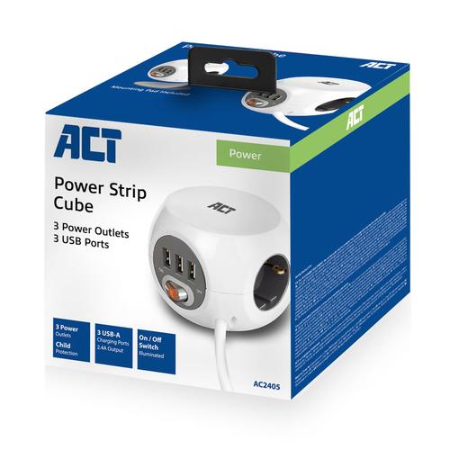 ACT Vierkante stekkerdoos (PDU) met 3 sockets type F, 3 USB-A poorten, 1,5m - Image 7