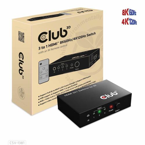 CLUB3D 3 to 1 HDMI™ 8K60Hz/4K120Hz Switch - Image 1