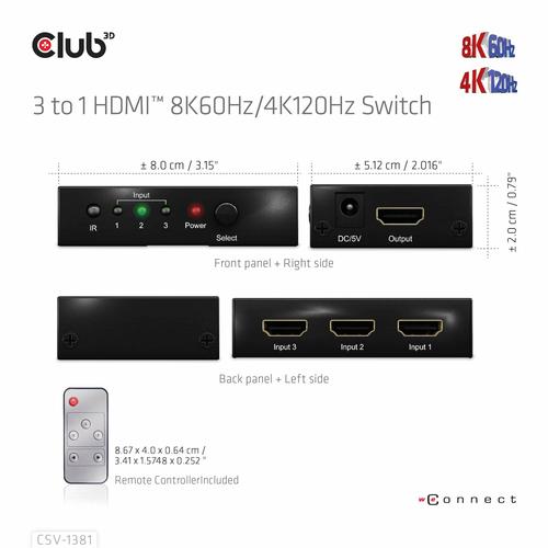 CLUB3D 3 to 1 HDMI™ 8K60Hz/4K120Hz Switch - Image 2