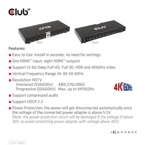CLUB3D 8-poorts HDMI™ splitter 1 to 8 Full 3D and 4K60Hz(600MHz) - Image 4