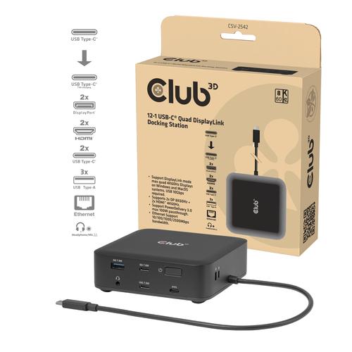 CLUB3D CSV-2542 12-1 USB-C® Quad DisplayLink Dockingstation 2x DisplayPort™ 8K60Hz + 2x HDMI™ 4K60Hz PD3.0 100Watt Ethernet 2.5G - Image 4