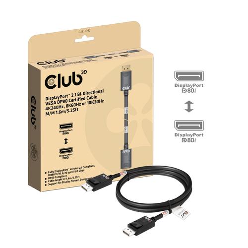 CLUB3D DisplayPort™ 2.1 Bi-Directional VESA DP80 Gecertificeerde kabel 4K240Hz, 8K60Hz or 10K60Hz M/M 1.6m/ Next-Gen Gaming - Image 2