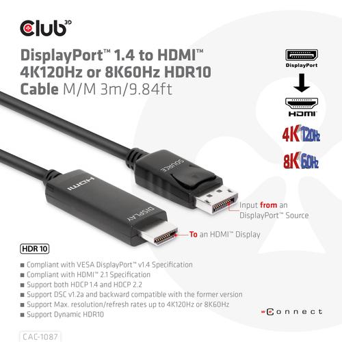 CLUB3D DisplayPort 1.4 to HDMI 4K120Hz or 8K60Hz HDR10 Cable M/M 3m/9.84ft - Image 3