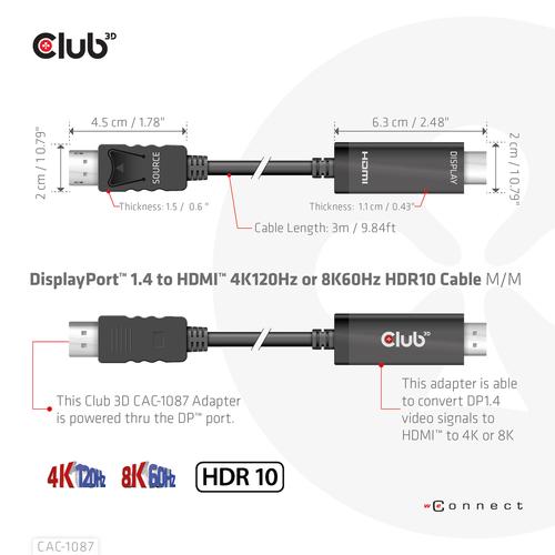 CLUB3D DisplayPort 1.4 to HDMI 4K120Hz or 8K60Hz HDR10 Cable M/M 3m/9.84ft - Image 4