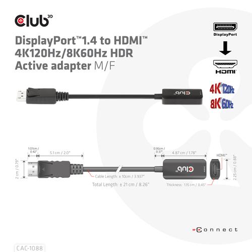 CLUB3D DisplayPort1.4 to HDMI 4K120Hz/8K60Hz HDR Active adapter M/F - Image 3