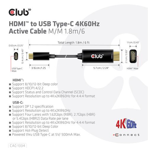 CLUB3D HDMI to USB Type-C 4K60Hz Active Cable M/M 1.8m/6 ft - Image 4