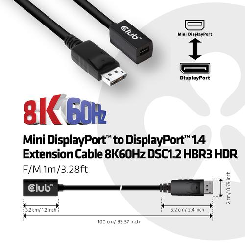 CLUB3D Mini DisplayPort 1.4 to DisplayPort Extension Cable 8K60Hz DSC 1.2 HBR3 HDR Bidirectional F/M 1m - Image 8
