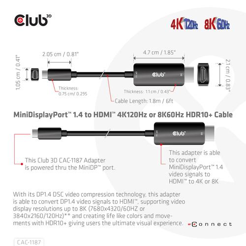 CLUB3D MiniDisplayPort kabel 1.4 naar HDMI met 4K120Hz/8K60Hz HDR10+ M/M 1.8m - Image 3