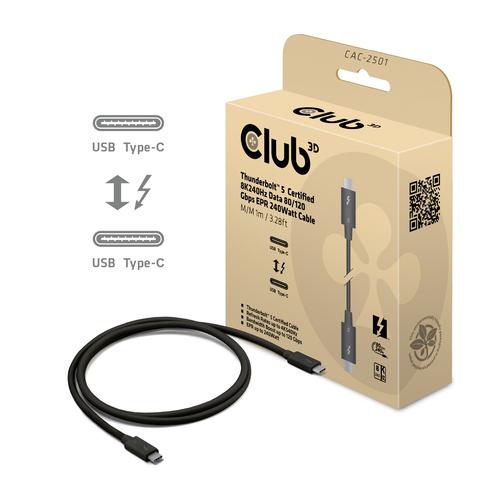 CLUB3D Thunderbolt™ 5 Gecertificeerd 8K240Hz 80/120 Gbps EPR 240 Watt Kabel M/M 1m - Image 1