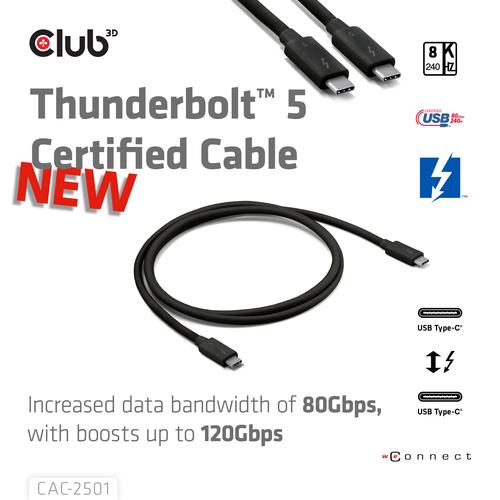 CLUB3D Thunderbolt™ 5 Gecertificeerd 8K240Hz 80/120 Gbps EPR 240 Watt Kabel M/M 1m - Image 2