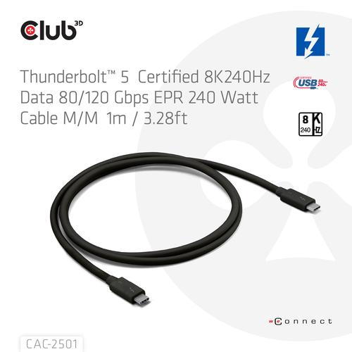 CLUB3D Thunderbolt™ 5 Gecertificeerd 8K240Hz 80/120 Gbps EPR 240 Watt Kabel M/M 1m - Image 3