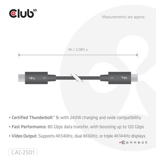 CLUB3D Thunderbolt™ 5 Gecertificeerd 8K240Hz 80/120 Gbps EPR 240 Watt Kabel M/M 1m - Image 4