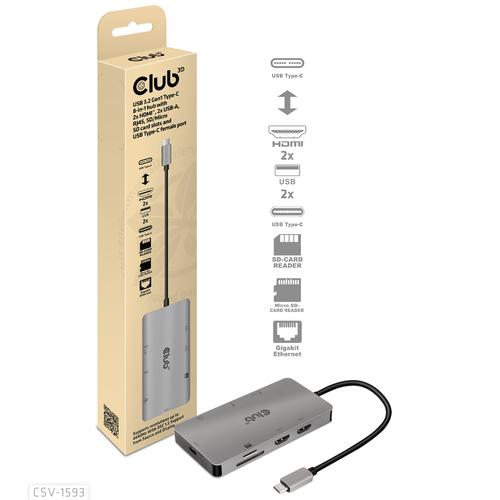 CLUB3D Type-C HUB 8-in-1 met 2x HDMI ( alt modus), 2x USB-A, RJ45, SD/Micro slot en USB Type-C oplaad mogelijkheid max. 100Watt( Ook geschikt voor Apple M1 en Thunderbolt 3) - Image 3