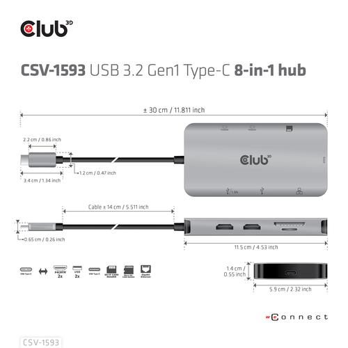 CLUB3D Type-C HUB 8-in-1 met 2x HDMI ( alt modus), 2x USB-A, RJ45, SD/Micro slot en USB Type-C oplaad mogelijkheid max. 100Watt( Ook geschikt voor Apple M1 en Thunderbolt 3) - Image 6