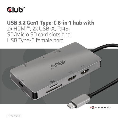 CLUB3D Type-C HUB 8-in-1 met 2x HDMI ( alt modus), 2x USB-A, RJ45, SD/Micro slot en USB Type-C oplaad mogelijkheid max. 100Watt( Ook geschikt voor Apple M1 en Thunderbolt 3) - Image 8