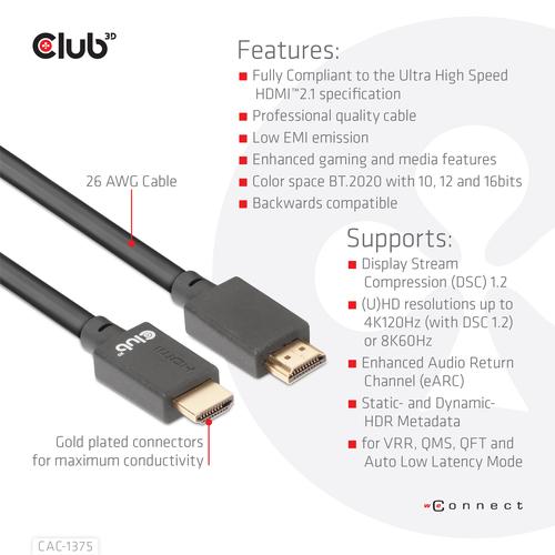 CLUB3D Ultra High Speed HDMI™2.1 gecertificeerde kabel 4K120Hz, 144Hz 48Gbps M/V 5 Meter - Image 9