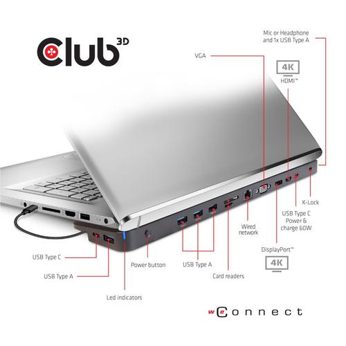 CLUB3D UNIVERSEEL USB Gen1 Type-C Triple Display Dockstation met 65 Watt voor het opladen van een lichte laptop * 1x VGA, 1x HDMI, 1x DP* ( DP ALT MODUS) - Image 3