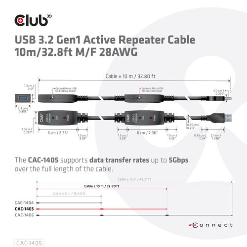 CLUB3D USB 3.2 Gen1 Active Repeater Cable 10m / 32.8ft M/F 28AWG - Image 5