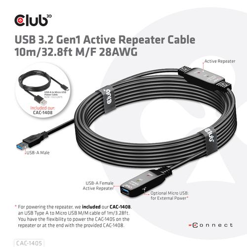 CLUB3D USB 3.2 Gen1 Active Repeater Cable 10m / 32.8ft M/F 28AWG - Image 7
