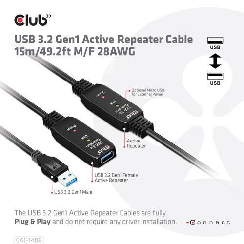 CLUB3D USB 3.2 Gen1 Active Repeater Cable 15m/ 49.2 ft M/F 28AWG - Image 5