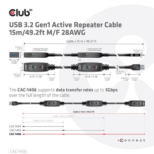 CLUB3D USB 3.2 Gen1 Active Repeater Cable 15m/ 49.2 ft M/F 28AWG - Image 6
