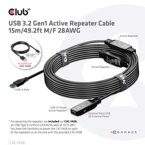 CLUB3D USB 3.2 Gen1 Active Repeater Cable 15m/ 49.2 ft M/F 28AWG - Image 8