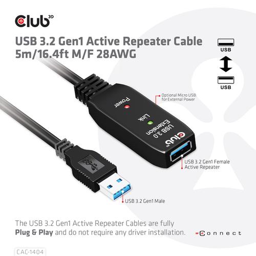 CLUB3D USB 3.2 Gen1 Active Repeater Cable 5m/ 16.4 ft M/F 28AWG - Image 4