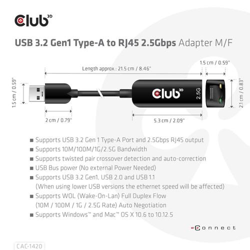 CLUB3D USB 3.2 Gen1 Type A to RJ45 2.5Gbps Adapter - Image 5