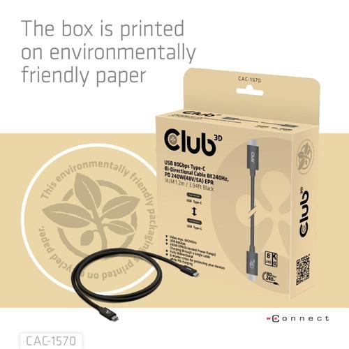 CLUB3D USB 80Gbps Certified 240W 8K240Hz Type-C® 1.2m / 3.94ft Black Cable - Image 4