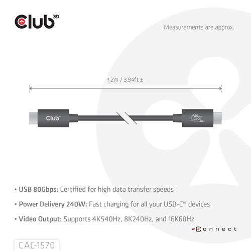 CLUB3D USB 80Gbps Certified 240W 8K240Hz Type-C® 1.2m / 3.94ft Black Cable - Image 5