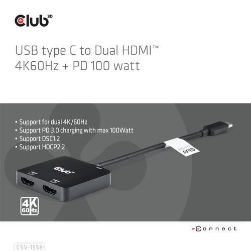 CLUB3D USB-C® Hub to Dual HDMI™ 4K60Hz M/F+PD3.0 100 Watt - Image 2