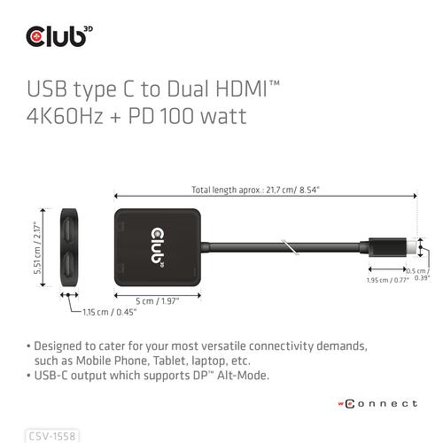 CLUB3D USB-C® Hub to Dual HDMI™ 4K60Hz M/F+PD3.0 100 Watt - Image 3