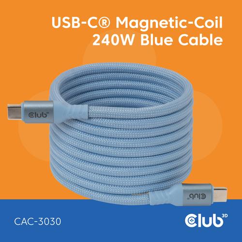 CLUB3D USB-C® Magnetic-Coil 240W PD3.1 Blue Cable 2m / 6.56ft Fast Charging - Image 1