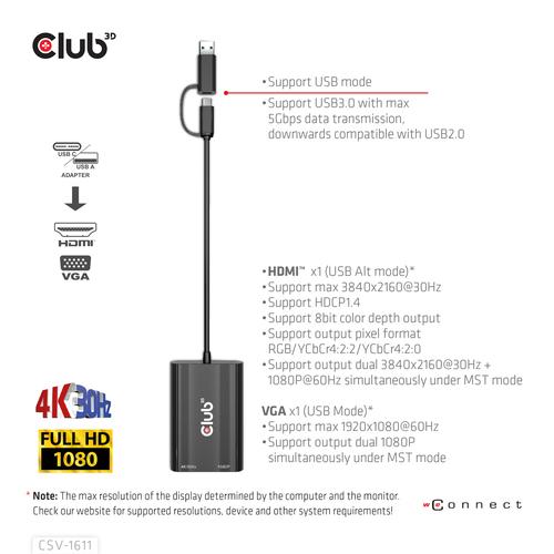 CLUB3D USB Gen1 Type-C/-A to Dual HDMI (4K/30Hz) / VGA (1080/60Hz) - Image 5